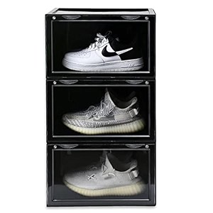 ozoy multipurpose 3 pack sneaker containers bins shoe storage box clear plastic stackable shoe organizer for closet space saving foldable shoe sneaker containers pack of 3 black