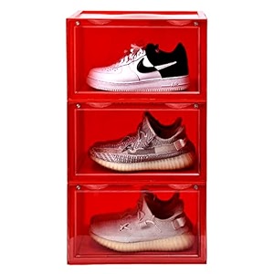 ozoy multipurpose 3 pack sneaker containers bins shoe storage box clear plastic stackable shoe organizer for closet space saving foldable shoe sneaker containers pack of 3 red