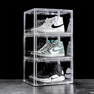 ozoy multipurpose 3 pack sneaker containers bins shoe storage box clear plastic stackable shoe organizer for closet space saving foldable shoe sneaker containers pack of 3 white-transparent
