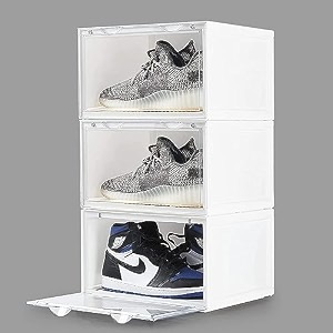 ozoy multipurpose 3 pack sneaker containers bins shoe storage box clear plastic stackable shoe organizer for closet space saving foldable shoe sneaker containers pack of 3 white