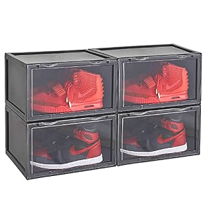 ozoy multipurpose 4 pack sneaker containers bins shoe storage box clear plastic stackable shoe organizer for closet space saving foldable shoe sneaker containers pack of 4 black