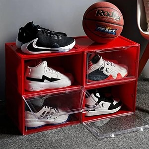 ozoy multipurpose 4 pack sneaker containers bins shoe storage box clear plastic stackable shoe organizer for closet space saving foldable shoe sneaker containers pack of 4 red