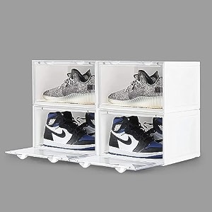 ozoy multipurpose 4 pack sneaker containers bins shoe storage box clear plastic stackable shoe organizer for closet space saving foldable shoe sneaker containers pack of 4 white