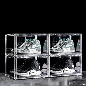 ozoy multipurpose 4 pack sneaker containers bins shoe storage box clear plastic stackable shoe organizer for closet space saving foldable shoe sneaker containers pack of 4 white-transparent
