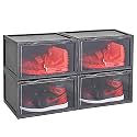 Ozoy Multipurpose 4 Pack Sneaker Containers Bins, Shoe Storage Box, Clear Plastic Stackable Shoe Organizer for Closet, Space Saving Foldable Shoe Sneaker Containers (PACK OF 4, BLACK)