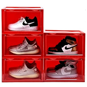 ozoy multipurpose 5 pack sneaker containers bins shoe storage box clear plastic stackable shoe organizer for closet space saving foldable shoe sneaker containers pack of 5 red