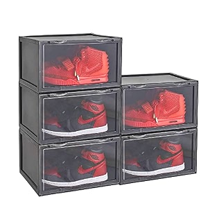 ozoy multipurpose 5 pack sneaker containers bins shoe storage box clear plastic stackable shoe organizer for closet space saving foldable shoe sneaker containers pack of 5 black