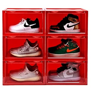 ozoy multipurpose 6 pack sneaker containers bins shoe storage box clear plastic stackable shoe organizer for closet space saving foldable shoe sneaker containers pack of 6 red