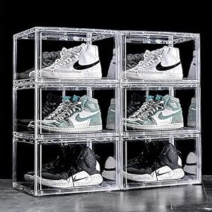 ozoy multipurpose 6 pack sneaker containers bins shoe storage box clear plastic stackable shoe organizer for closet space saving foldable shoe sneaker containers pack of 6 white-transparent