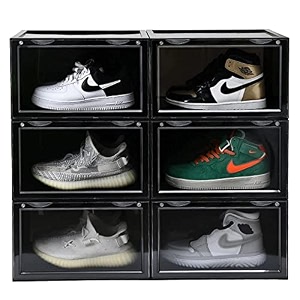 ozoy multipurpose 6 pack sneaker containers bins shoe storage box clear plastic stackable shoe organizer for closet space saving foldable shoe sneaker containers pack of 6 black