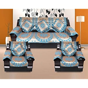 17 pc cotton ambi printed sofa cover set of 5 seater 311 with cushion cover - set of 5 firozi sky blue 16x16
