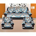 17 Pc Cotton Ambi Printed Sofa Cover Set of 5 Seater (3+1+1) with Cushion Cover - Set of 5 (Firozi, Sky Blue, 16x16)
