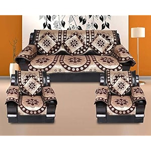 cotton ambi printed 5 seater 311 sofa cover set - 17 pcs with cushion cover- 16x16 inch- set of 5 brown coffee dark brown
