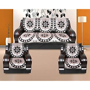 cotton ambi printed sofa cover set of 5 seater black silver - 6 pc
