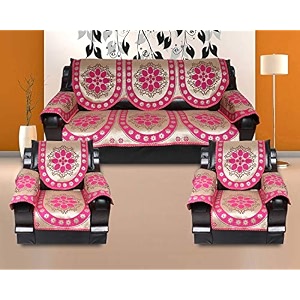 cotton ambi printed sofa cover set of 5 seater with 6 arm pink gold - 12 pc