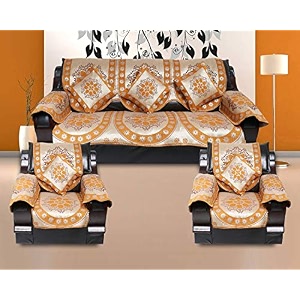 cotton ambi printed sofa cover with cushion cover set of 5 seater 311 16x16 17 pieces yellow mustard