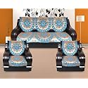 Velvet Cotton Paisley Ambi Printed Set of 5 Seater 3+1+1 Sofa Cover (Blue, Firozi, Sky Blue) -6 Pieces