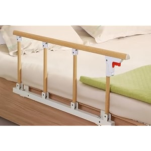 pmps 4-bar wood grain aluminium bed gurad safety amp assisting rail collapsible on bed  no drilling self-installation  1 side only for elderly at home size l 86 x h 36 cm wood grain