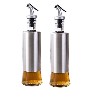 p-plus international stainless steel olive oil dispenser bottle glass cooking oil amp vinegar cruet for kitchen and bbq 320ml steel pack 2