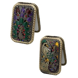 p-plus international vintage makeup mirror metal folding mirror peacock vanity mirror double sided compact travel mirror vintage compact cosmetic mirror metalrandom pattern set of 2