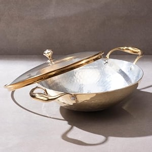 p-tal brass kadhai 15l with insulated heat-resistant handle and glass lid  100 pure brass tin coated kadai for cooking  non-stick and chemical-free glass lid 15 litre