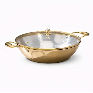 p-tal brass kadhai flat base 3l with insulated heat-resistant handle and glass lid  100 pure brass tin coated kadai for cooking  non-stick and chemical-free