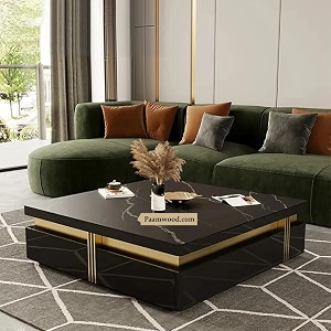 premium marble-top wooden center table with drawer for living room  luxury modern coffee table  contemporary design craftsmanship - 36x36x17 inch black 3 yrs warrenty