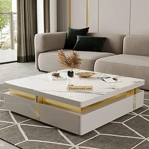 premium marble-top wooden center table with drawer for living room  luxury modern coffee table  contemporary design craftsmanship - 36x36x17 inch white