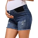 PACBREEZE Women's Maternity Mid-Rise Stretch Denim Shorts Trendy Soft Frayed Hem Pregnancy Shorts, S-XXL