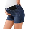 PACBREEZE Women's Maternity Mid-Rise Stretch Denim Shorts Trendy Soft Frayed Hem Pregnancy Shorts, S-XXL