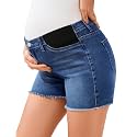 PACBREEZE Women's Maternity Mid-Rise Stretch Denim Shorts Trendy Soft Frayed Hem Pregnancy Shorts, S-XXL