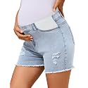 PACBREEZE Women's Maternity Mid-Rise Stretch Denim Shorts Trendy Soft Frayed Hem Pregnancy Shorts, S-XXL