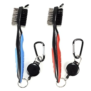 pack of 2 golf club brush groove cleaner with 2 ft retractable zip-line and aluminum carabiner lightweight and stylish must-have golf tool for cleaning dirty clubs groove red  blue