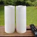 Pack of 2 White LED Candles Outdoor 3x8 - Unscented IP65 Waterproof Battery Powered Flameless Pillar With Remote and Timer - Flickering