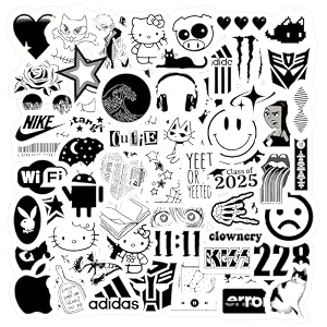 pack of 58 vintage black amp white waterproof vinyl self-adhesive sticker for adults multicolor stickers for laptop journal guitar mobile - residue free