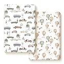 Pack n Play Sheets Fitted 2 Pack, Stretchy Ultra Soft Jersey Knit Pack and Play Sheets, Universal Fitted Portable/Mini Crib Mattresses Snug and Safe, Stylish Cars Print for Boys and Girls