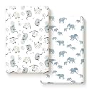 Pack n Play Sheets Fitted 2 Pack, Stretchy Ultra Soft Jersey Knit Pack and Play Sheets, Universal Fitted Portable/Mini Crib Mattresses Snug and Safe, Cute Elephant Print for Boys and Girls