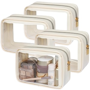 packism clear makeup bag - soft plastic color-edged tsa approved toiletry bag reusable clear toiletry bags with golden zipper beige