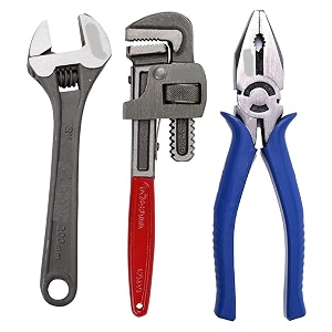 padmakshi combo pack of 3 tool kits set for home  includes 8-inch adjustable spanner 8-inch combination plier and 10-inch pipe wrench  high-performance hand tools for plumbing repair