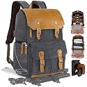 Padwa Lifestyle Black Gray Professional Camera Backpack - Retro Crazy Horse Art Cowhide Canvas Large Camera Bag with Multi Camera&16” Laptop Thick Compartment,Weather Resistant Photography Backpacks