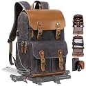 Padwa Lifestyle Gray Black Camera Backpack - Weather Resistant Waxed Memory Canvas Large Camera Bag, Multi DSLR Camera Backpacks for Photographers with 16” Laptop & Lens Compartment,Tripod Holder