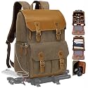 Padwa Lifestyle Khaki Professional Camera Backpack - Retro Crazy Horse Art Cowhide Canvas Large Camera Bag with Multi Camera&16” Laptop Thick Compartment,Weather Resistant Photography Backpacks