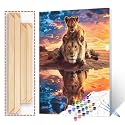 Paint by Numbers Kits for Adult DIY Reflection of Animals in Water Acrylic Pigment King of the Prairie Lion Canvas Oil Painting for Beginner Kids Home Wall Art Decor Gift 16''W x 20''H（Manual Frame）