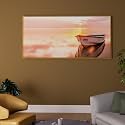 PAINTINGMANTRA Abstract Boat in River Sunset Large Canvas Painting Panel Wall Art Print, Decorative Modern Framed Luxury Paintings for Home, Living room, Hotel Bedroom and Office Décor (Gold, 23x47 Inch)