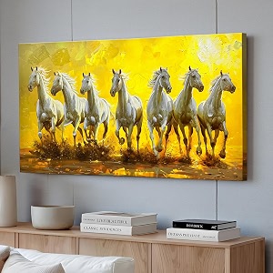 PAINTINGMANTRA Vastu 3D White 7 Running Horses