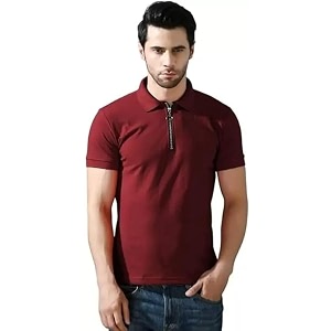 Solid Polo T-Shirt Zip Collar Cotton Blend