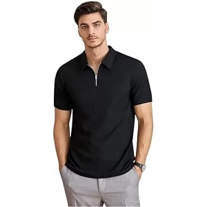 Solid Polo T-Shirt Zip Collar Cotton Blend