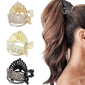 palay 3 pack hair claw clips for high ponytail metal pearl crystal crown hair clips for women girls stylish small ponytail holder buckle for thick long hair decorative hair accessories