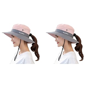 palay 2 pcs hat for women stylish wide brim sun summer beach hats with ponytail hole upf 50 uv protection mesh bucket packable travel cap for boating fishing outdoor pink