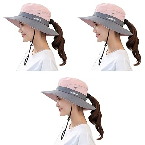 palay hat for women stylish wide brim sun summer beach with ponytail hole upf 50 uv protection mesh bucket packable travel cap boating fishing outdoor 3 pcs pink